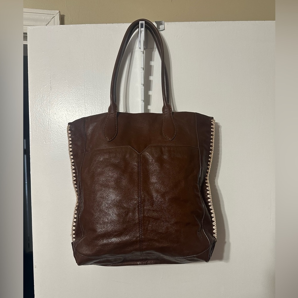FRYE COGNAC MAE WHIPSTITCH LEATHER TOTE BAG